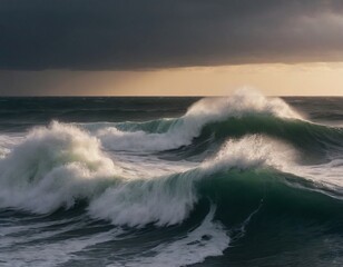 Wall Mural - landscape sea waves in storm, realistic illustration