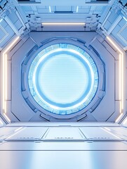 Aufkleber - Space Travel Portal Window with Blue Neon Illumination in Sci-Fi Environment : Generative AI