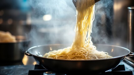 Aufkleber - Lifting freshly boiled spaghetti from a pot, steam rising in a professional kitchen, highlighting culinary expertise and the art of cooking in a vibrant restaurant setting