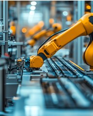 Poster - Automated production line in a futuristic factory, featuring digital interfaces, robotic arms, and hightech machinery for precision and innovation