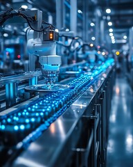 Poster - Automated production line in a futuristic factory, featuring digital interfaces, robotic arms, and hightech machinery for precision and innovation