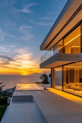 Poster - Luxury Coastal Residence with Pool Overlooking Ocean at Dusk Showing Stunning Sunset Colors : Generative AI