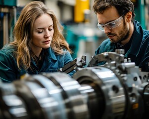 Poster - Engineers in an industrial factory, collaborating on machinery and modern equipment, with advanced tools and technology facilitating innovation