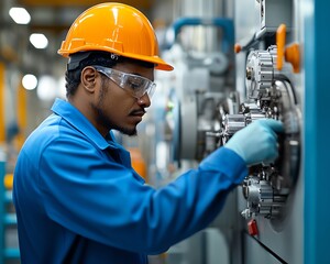 Poster - Engineers in an industrial factory, collaborating on machinery and modern equipment, with advanced tools and technology facilitating innovation