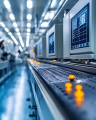 Aufkleber - Futuristic automated production line in a cuttingedge factory, with digital control panels, robotic arms, and advanced technology enhancing efficiency
