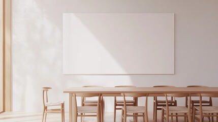 Poster - Sunlight is illuminating a minimalist dining room with a wooden table and chairs and a blank horizontal canvas on a white wall, perfect for showcasing artwork or designs
