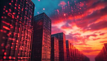 Poster - Global shipping containers in a digital logistics network, with a world map display and the vibrant colors of a sunset creating a dynamic scene of international trade