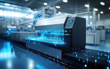 Aufkleber - Hightech automated production line in a modern factory, featuring a digital interface and futuristic technology for seamless manufacturing efficiency