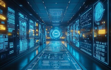 Aufkleber - Hightech modern factory with an automated production line, displaying digital interfaces and futuristic machinery working in sync to optimize production