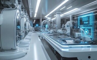 Aufkleber - Hightech modern factory with an automated production line, displaying digital interfaces and futuristic machinery working in sync to optimize production