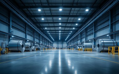 Aufkleber - Industrial warehouse with rows of large steel rolls, in a contemporary manufacturing facility with hightech machinery and bright, even lighting