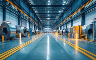 Aufkleber - Industrial warehouse with rows of large steel rolls, in a contemporary manufacturing facility with hightech machinery and bright, even lighting