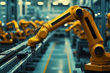 Poster - Close-Up of Robotic Arm in a Modern Factory Setting with High Automation : Generative AI