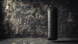 "A black punching bag hanging in a dark, grunge-style gym, ideal for fitness boxing and martial arts training, with ample copy space."