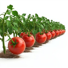 Wall Mural - Fresh Red Tomatoes Growing on Healthy Green Plants in a Neat Row in Bright Light