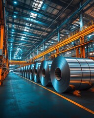 Aufkleber - Modern manufacturing facility with large rolls of steel stored in an industrial warehouse, surrounded by advanced machines, bright lights, and organized workspace