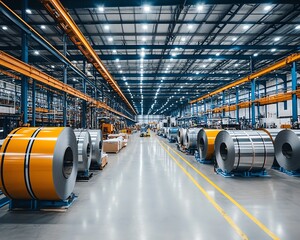 Poster - Modern manufacturing facility with large rolls of steel stored in an industrial warehouse, surrounded by advanced machines, bright lights, and organized workspace