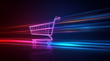 Aufkleber - Dynamic Neon Shopping Cart Icon Representing Fast E-commerce Trends : Generative AI