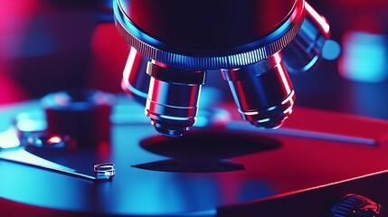 Poster - Advanced Microscope Lenses with Bold Red and Blue Tones for Cutting-Edge Lab Research : Generative AI