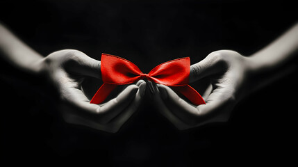 Hands holding a bright red ribbon bow against a dark background during a thoughtful moment of giving or celebrating