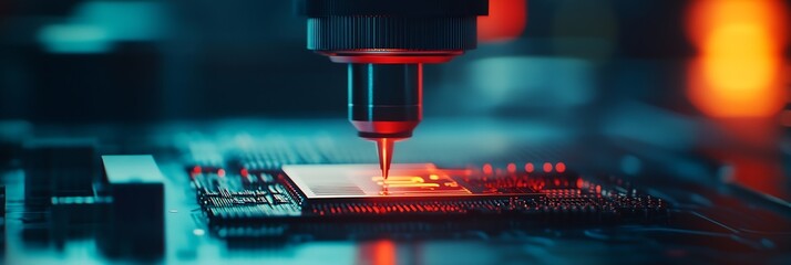 Fototapete - Laser Drilling Microchip Components in Cutting Edge Electronic Manufacturing Facility : Generative AI