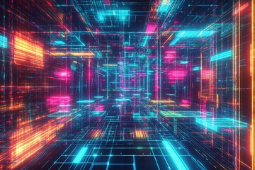 Aufkleber - Colorful Luminous Grid Network Illuminated in Cybernetic Neon Hues : Generative AI