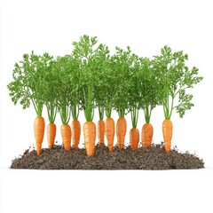 Wall Mural - Vibrant Fresh Carrots Growing in Rich Soil Surrounded by Green Leaves Against a White Background