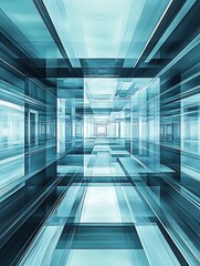 Poster - Symmetrical Blue Geometric Digital Art With Transparent Layers Creating Futuristic Optical Illusion : Generative AI