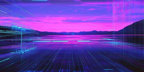 Poster - Vibrant Futuristic Landscape with Geometric Digital Patterns in Purple Lighting : Generative AI