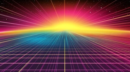 Poster - Vibrant Cyber Grid Sunset with Neon Color Spectrum in a Sci-fi Dreamscape Setting : Generative AI