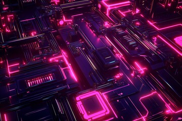 Poster - Dynamic Neon Circuit Board with Glowing Cyberpunk Elements and Futuristic Flair : Generative AI