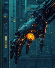 Poster - Advanced robotic arms in a modern industrial factory, working seamlessly with hightech machinery and futuristic lighting to enhance production efficiency