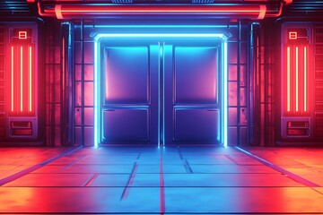 Aufkleber - Modern Futuristic Neon Blue and Red Light Corridor with Industrial Design Elements : Generative AI