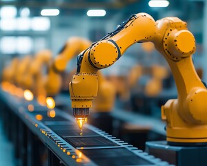 Poster - Hightech robotic arms in a modern industrial factory, efficiently operating machinery and illuminated by bright, futuristic lighting in a hightech workspace