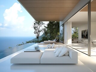 Poster - Elegant Luxury Villa with Infinity Pool Overlooking the Ocean and Lush Vegetation : Generative AI