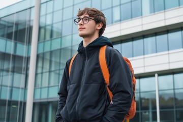 A young man wearing a black jacket and an orange backpack stands in front of a large building. He looks focused and determined