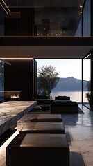 Aufkleber - Luxurious Modern Living Room with Panoramic Lake View at Sunset in Minimalist Design : Generative AI