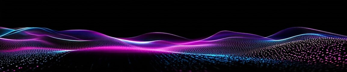Poster - Vibrant Neon Wave Patterns in Blue and Purple on Black Abstract Background : Generative AI