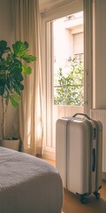 Wall Mural - Stylish White Suitcase in Sunlit Bedroom with Large Window and Indoor Plant : Generative AI