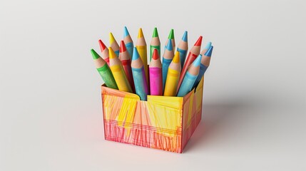 A box of crayons with various bright colors, isolated on a white background.