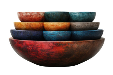 Wall Mural - A stack of colorful bowls in various sizes, resembling a rustic and artistic design, ideal for kitchen decor or culinary presentations.