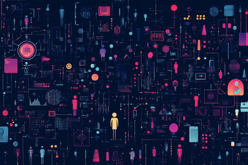 Artificial intelligence working on background of people, data science and machine learning icons. Illustration flat scheme Futuristic interface with infographics elements and icons.
