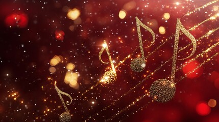 Poster - Sparkling golden musical notes on a rich red background, creating a festive and celebratory atmosphere.