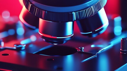 Poster - Vibrant Closeup of Microscope Lenses with Futuristic Red and Blue Lighting for Science Research Visuals : Generative AI