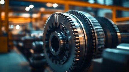 Poster - Modern industrial gear assemblies on a production line in bright factory setting highlighting engineering precision : Generative AI