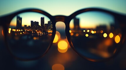 Aufkleber - Glasses Lens Focused on City Lights at Dusk Creating an Abstract Urban Bokeh Effect : Generative AI
