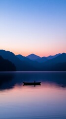 Poster - Idyllic Mountain Lake Sunset with Canoe and Mirror-Like Reflections in Still Water : Generative AI