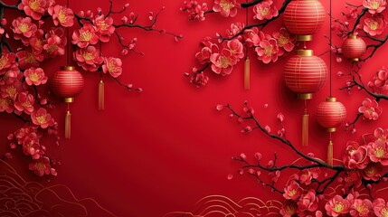 Poster - A Chinese red background with romantic pink accents and intricate patterns, symbolizing luck and prosperity in a stylish, contemporary flat vector design.