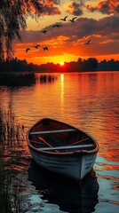 Poster - Tranquil evening waterscape with lone boat at sunset and birds in sky : Generative AI