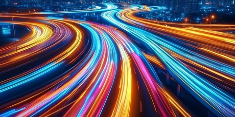 Poster - Vibrant City Highway at Night with Neon Light Trails and Urban Skyline : Generative AI